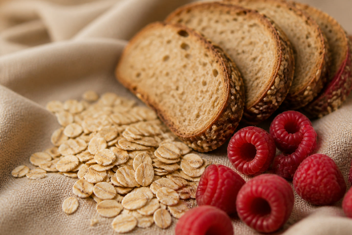 Rolled oats, wholegrain bread and raspberries on linen