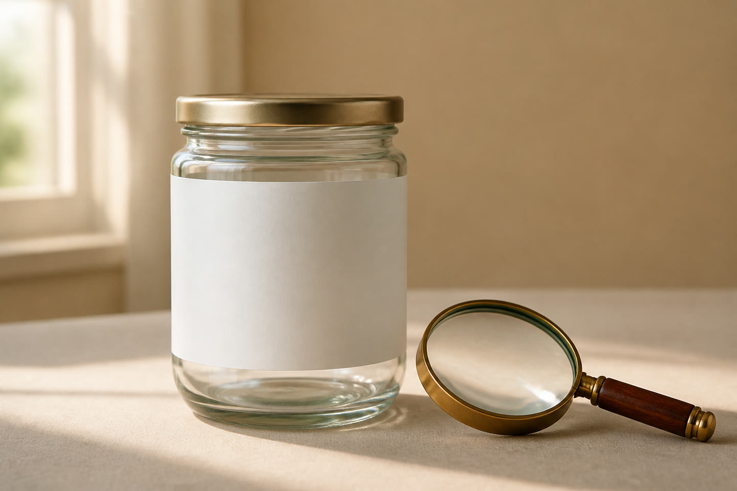 A plain glass jar with a blank label next to a magnifying glass