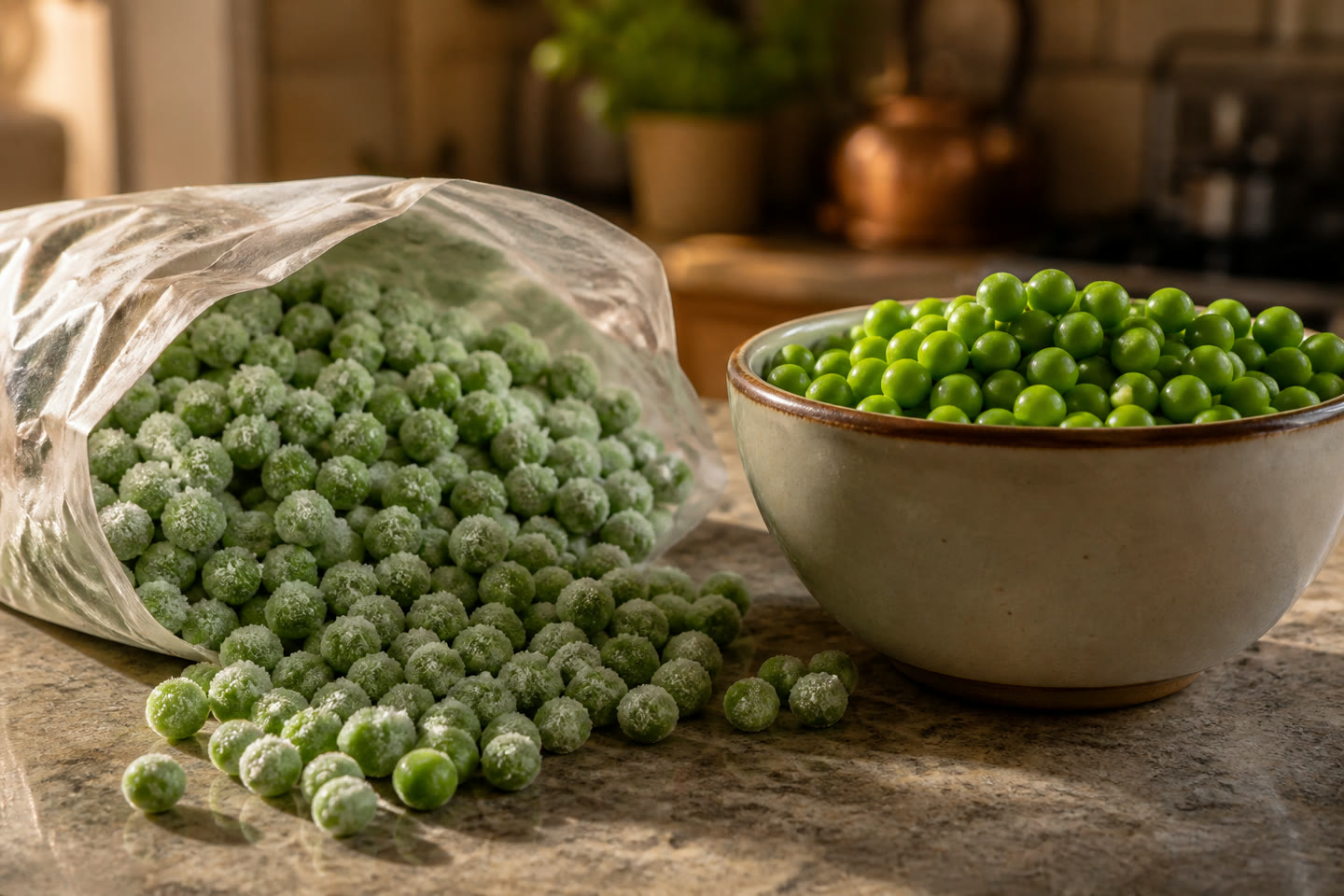 Frozen peas spilling from a bag next to a bowl of fresh peas
