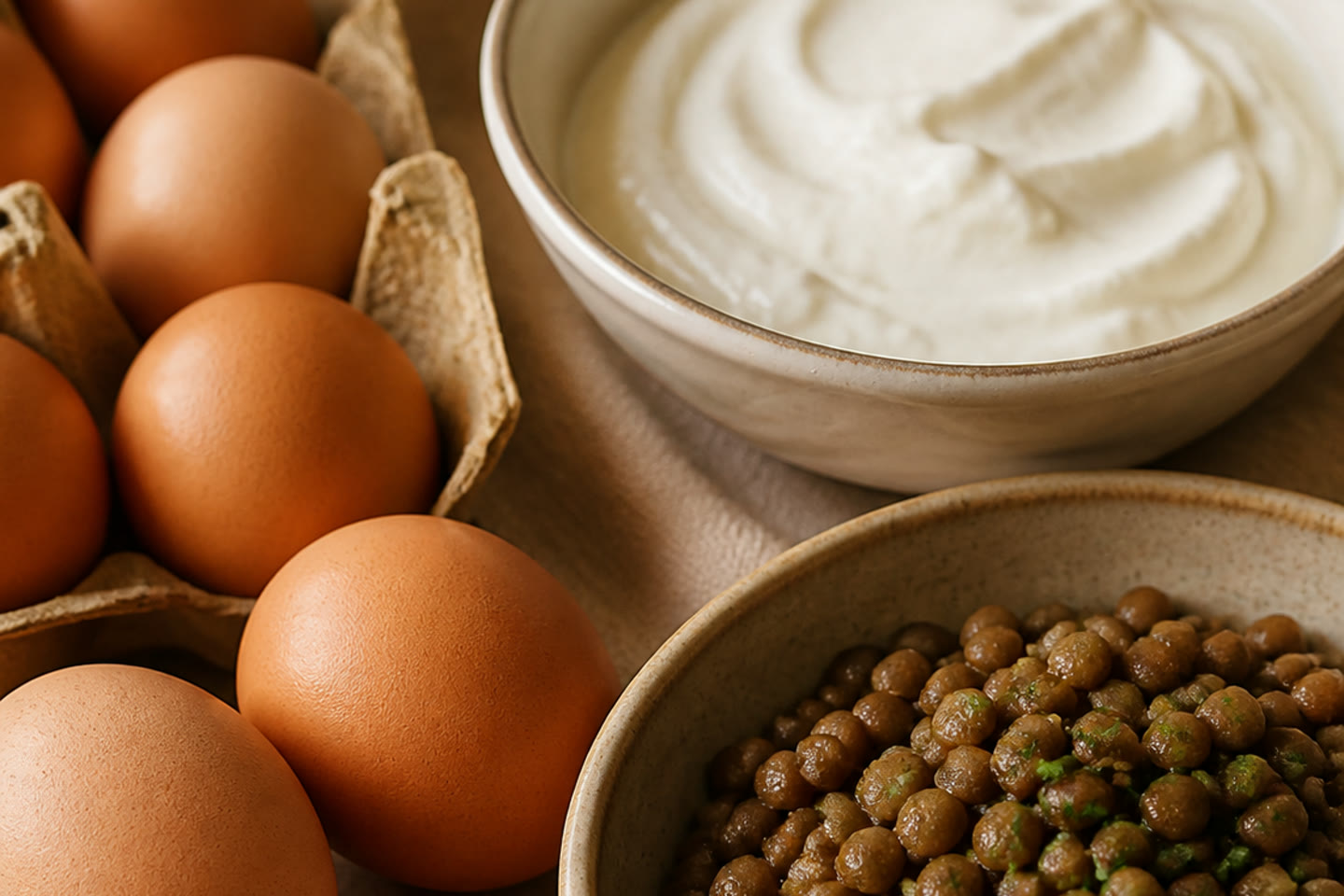 Eggs, yogurt and cooked lentils on a beige table