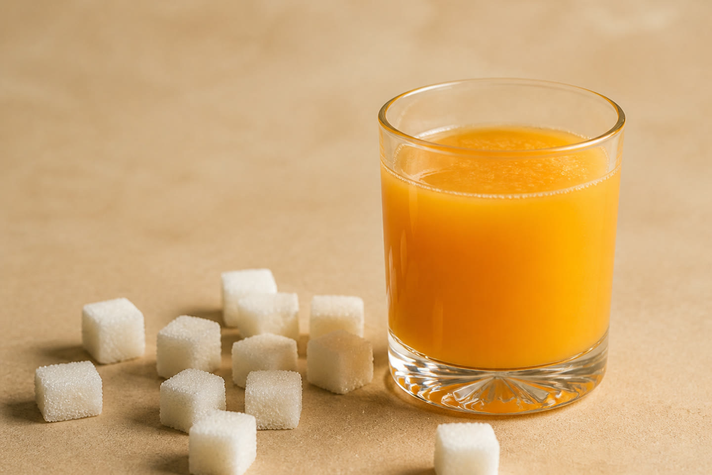 Sugar cubes next to a glass of orange juice