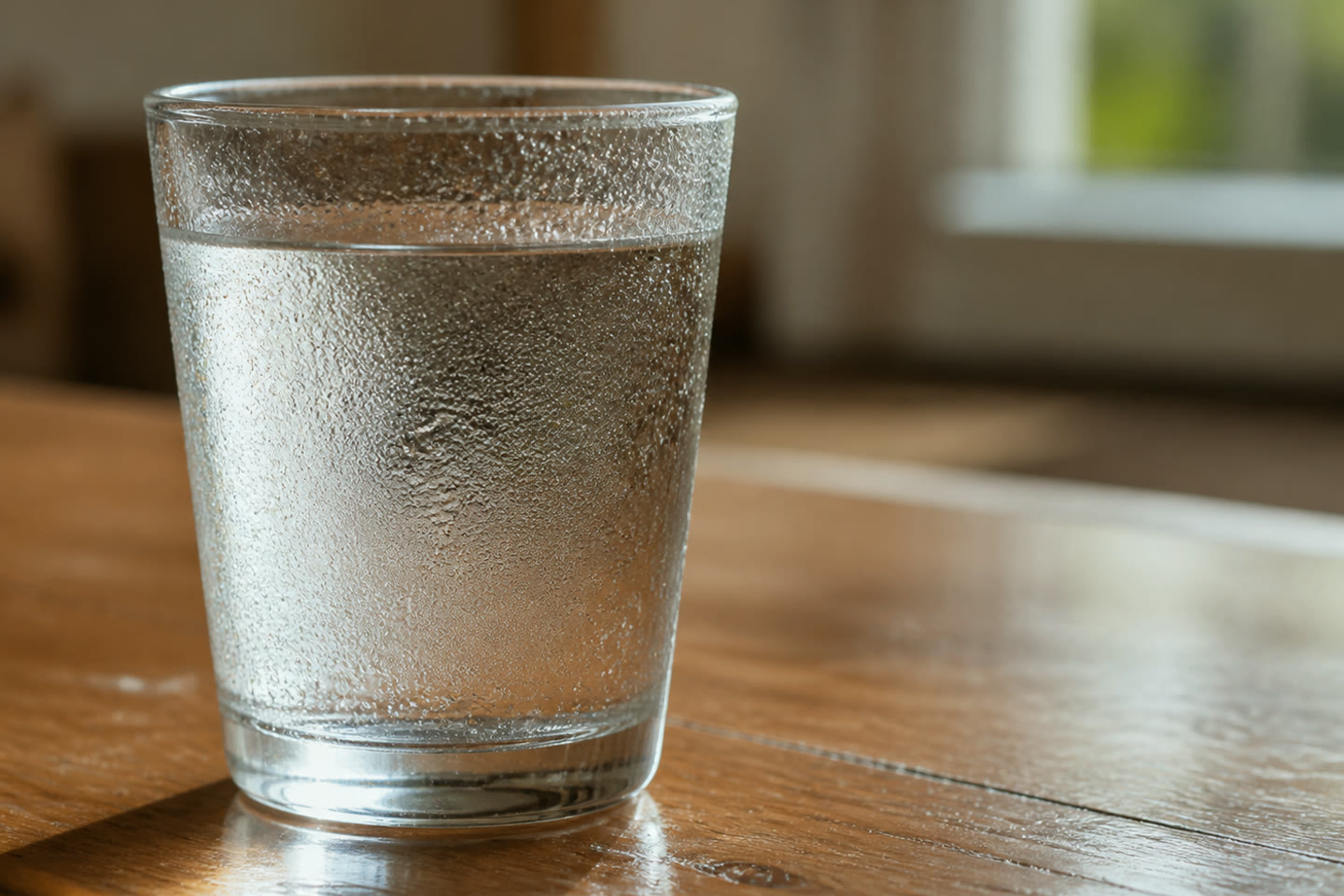 A glass of water with condensation on a wooden table